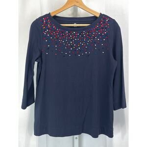 TALBOTS French Knot Confetti Top 3/4 Sleeve Cotton Navy Blue Petite M MP PM